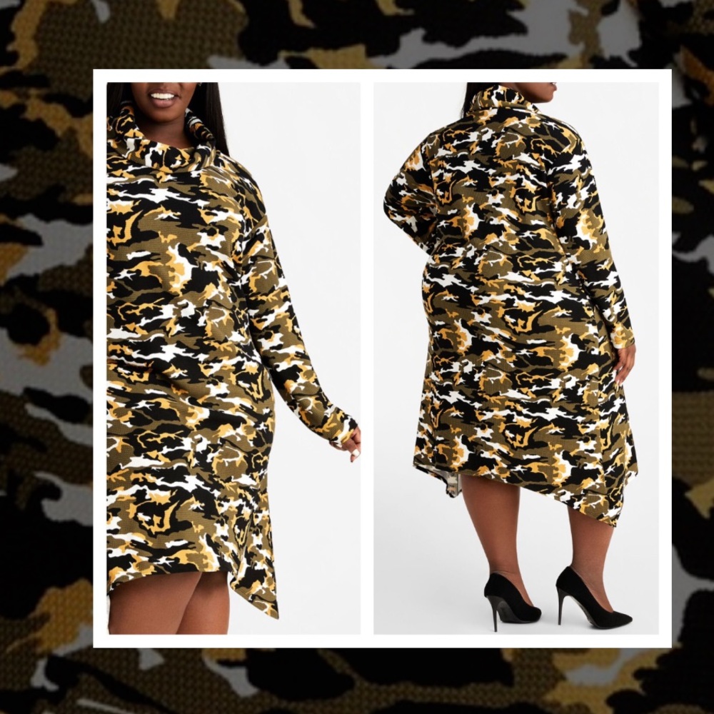 Ashley Stewart Camouflage Cowl Neckline Bodycon Asymmetrical Knit Midi Dress